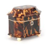 A RARE EARLY 19TH CENTURY TORTOISESHELL AND SILVER LINED PRESSED PAGODA TOPPED TEA CADDY with