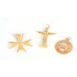 A COLLECTION OF THREE GOLD PENDANTS an 18ct gold fillagree cross pendant app. 1.2g, a 14ct gold
