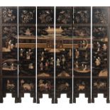 A 19TH CENTURY CHINESE BLACK LACQUER SIX PANEL FOLDING SCREEN with raised pagoda and tree-lined