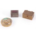 A COLLECTION OF THREE SMALL PERSIAN BOXES, a White metal engraved with a geometric pattern having
