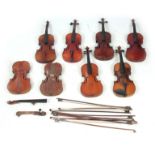 A COLLECTION OF 8 VIOLINS, VIOLIN PARTS AND 9 VIOLIN BOWS including one branded Klotz below the