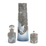 A 20TH CENTURY SUITE OF ARTS AND CRAFTS PEWTER MOUNTED GLASSWARE including a tapering cylindrical