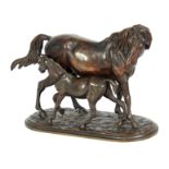 A LATE 19th CENTURY PATINATED BRONZE SCULPTURE modelled as a mare and foal on a naturalistic base