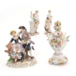 A SELECTION OF DRESDEN STYLE DECORATIVE PORCELAIN comprising of A classical figure Group with cat