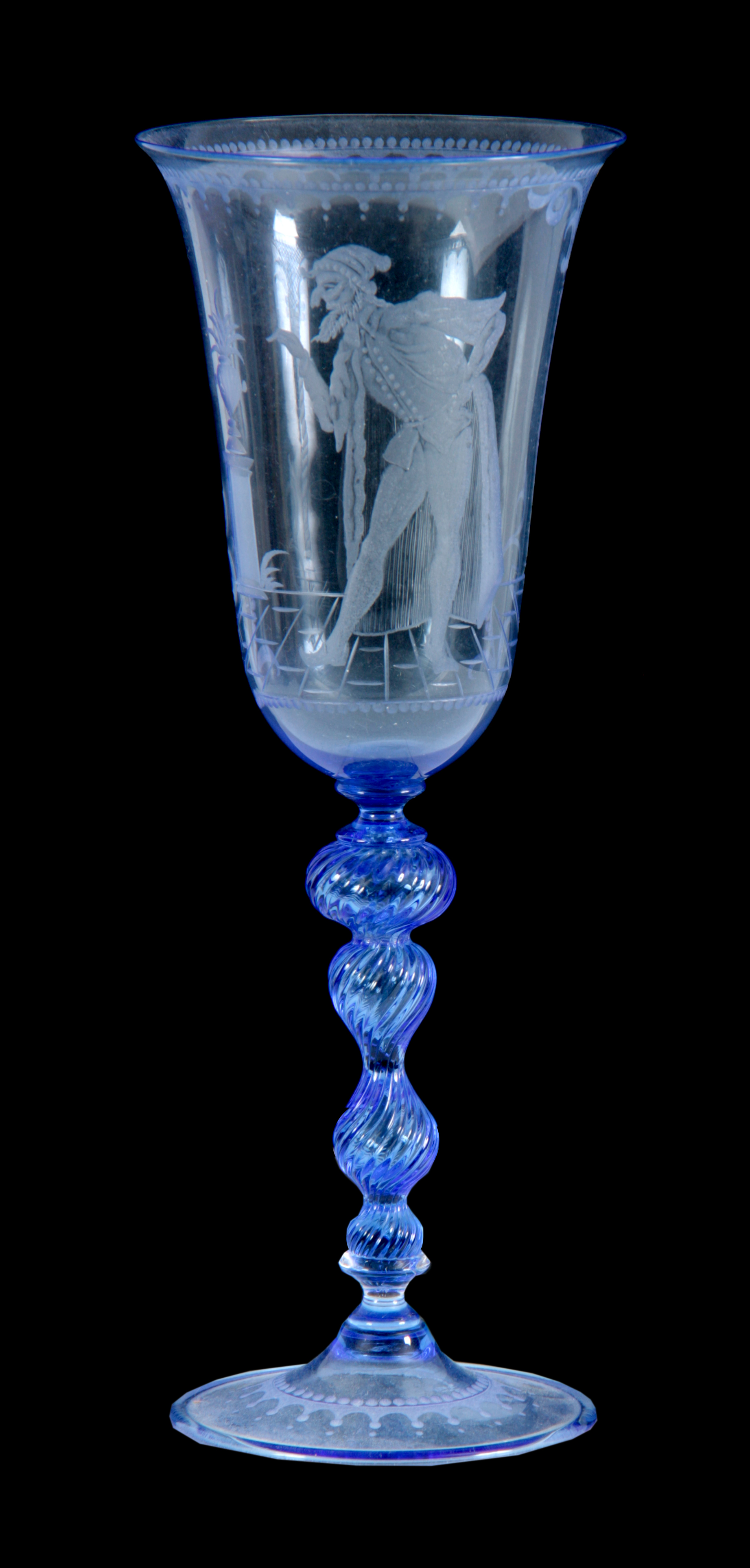 A FINE 20TH CENTURY BLUE STAINED DRINKING GLASS with fluted bowl engraved with a Gentleman set in