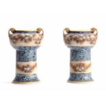 AN UNUSUAL PAIR OF NORITAKE JAPANESE VASES with two-handled rounded upper sections on plain stems