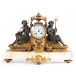 MAX H. STOPP. PARIS. A LATE 19th CENTURY BRONZE, ORMOLU, AND MARBLE FIGURAL MANTEL CLOCK the case