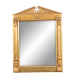 A 19TH CENTURY MASONIC CARVED GILT GESSO HANGING MIRROR with architectural pediment flanked by