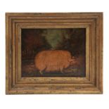 A 19TH CENTURY NAIVE PAINTED OIL ON CANVAS OF A POT BELLIED PIG the bucket signed K G T, the