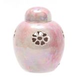 AN EARLY 20TH CENTURY RUSKIN POTTERY PINK LUSTRE PIERCED MINATURE GINGER JAR AND COVER impressed