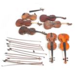 A COLLECTION OF 7 VIOLINS AND 13 VIOLIN BOWS including a labelled Breton Brevete, length of back