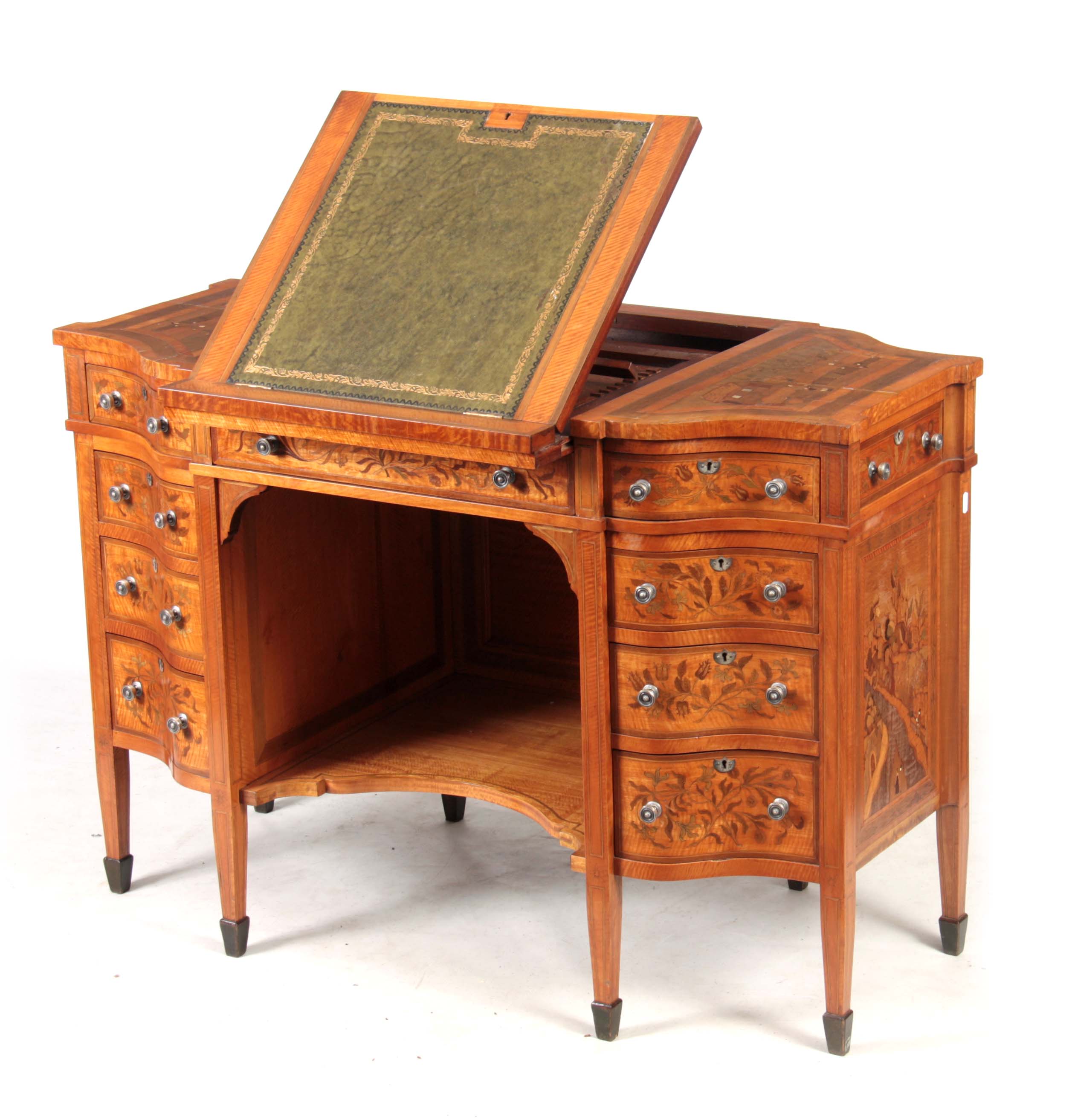 AN UNUSUAL FREESTANDING VICTORIAN SATINWOOD INLAID DESK with floral inlaid serpentine drawers to the - Image 5 of 8