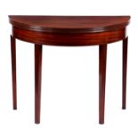 A GEORGE III FLAMED MAHOGANY 'D' SHAPED TEA TABLE with hinged moulded edge top, boxwood inlaid