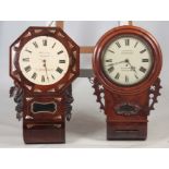 TWO MID 19th CENTURY DROP DIAL FUSEE WALL CLOCKS the figured mahogany clock signed J. Griffith,