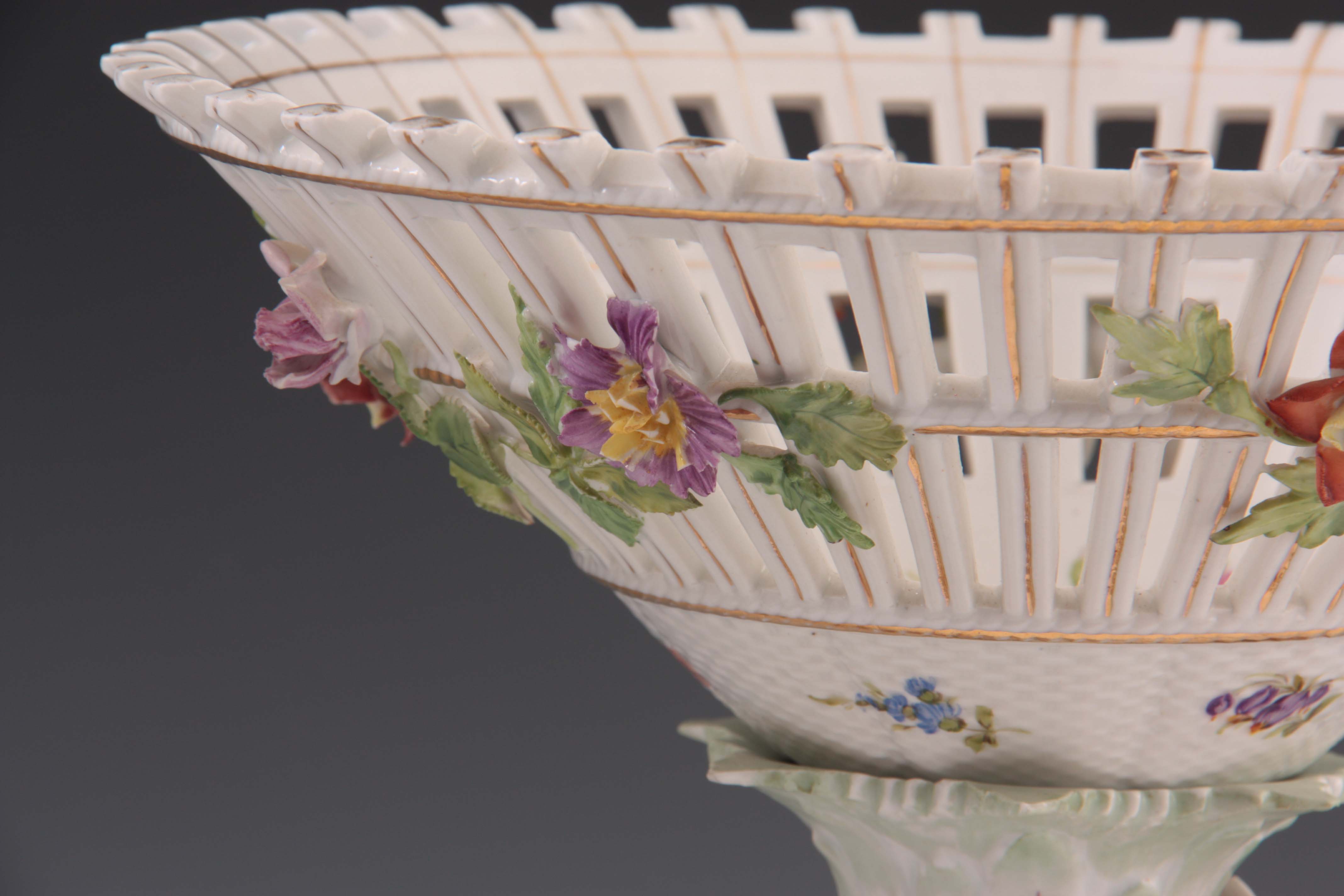 TWO 19TH CENTURY DRESDEN PORCELAIN COMPOTE CENTREPIECES with figural cherub bases and pierced basket - Image 5 of 9