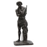 A 19th CENTURY PATINATED BRONZE SCULPTURE modelled as a semi-nude gladiator standing on a