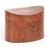 A 20TH CENTURY OVAL INVERTED TOP BURR YEWOOD TEA CADDY having satinwood diamond-shaped inlay on