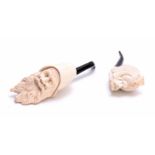 TWO LATE 19TH CENTURY MEERSCHAUM MASK HEAD PIPES 20cm and 14cm overall