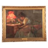 OSKAR HELLER, 1906. 'THE LOVE LETTER' OIL ON CANVAS depicting a young Lady sat writing a love letter