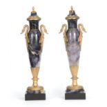 A FINE PAIR OF 19TH CENTURY FRENCH ORMOLU MOUNTED BLUE JOHN CASOLETTES the slender tapering