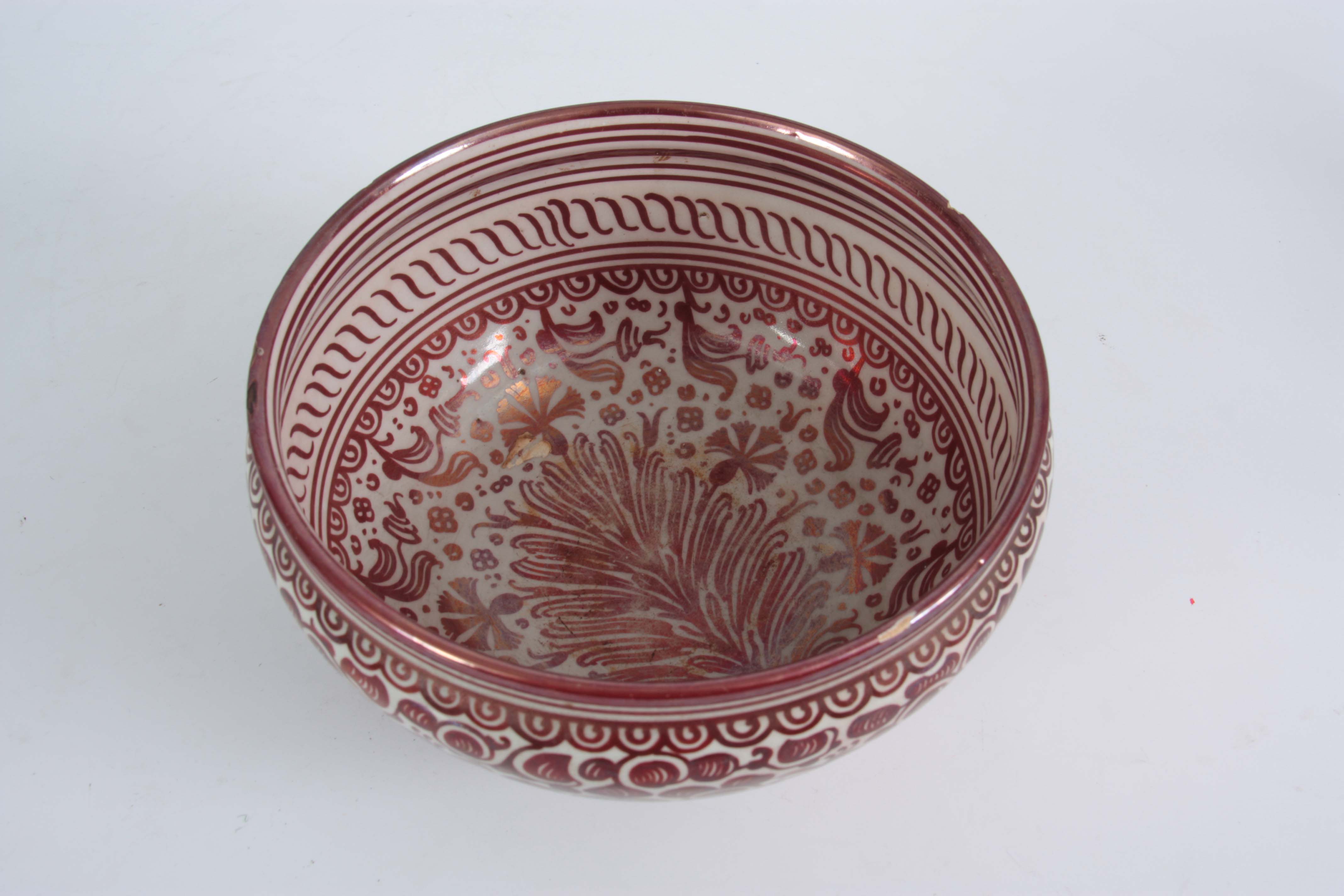 A 20TH CENTURY CANTEGALI RUBY LUSTRE BOWL decorated with birds, bearing painted cockerel mark 11cm - Image 3 of 3
