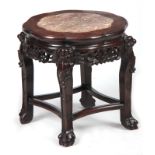 A 19TH CENTURY CHINESE HARDWOOD JARDINIERE STAND with inset marble top, mounted on a pierced