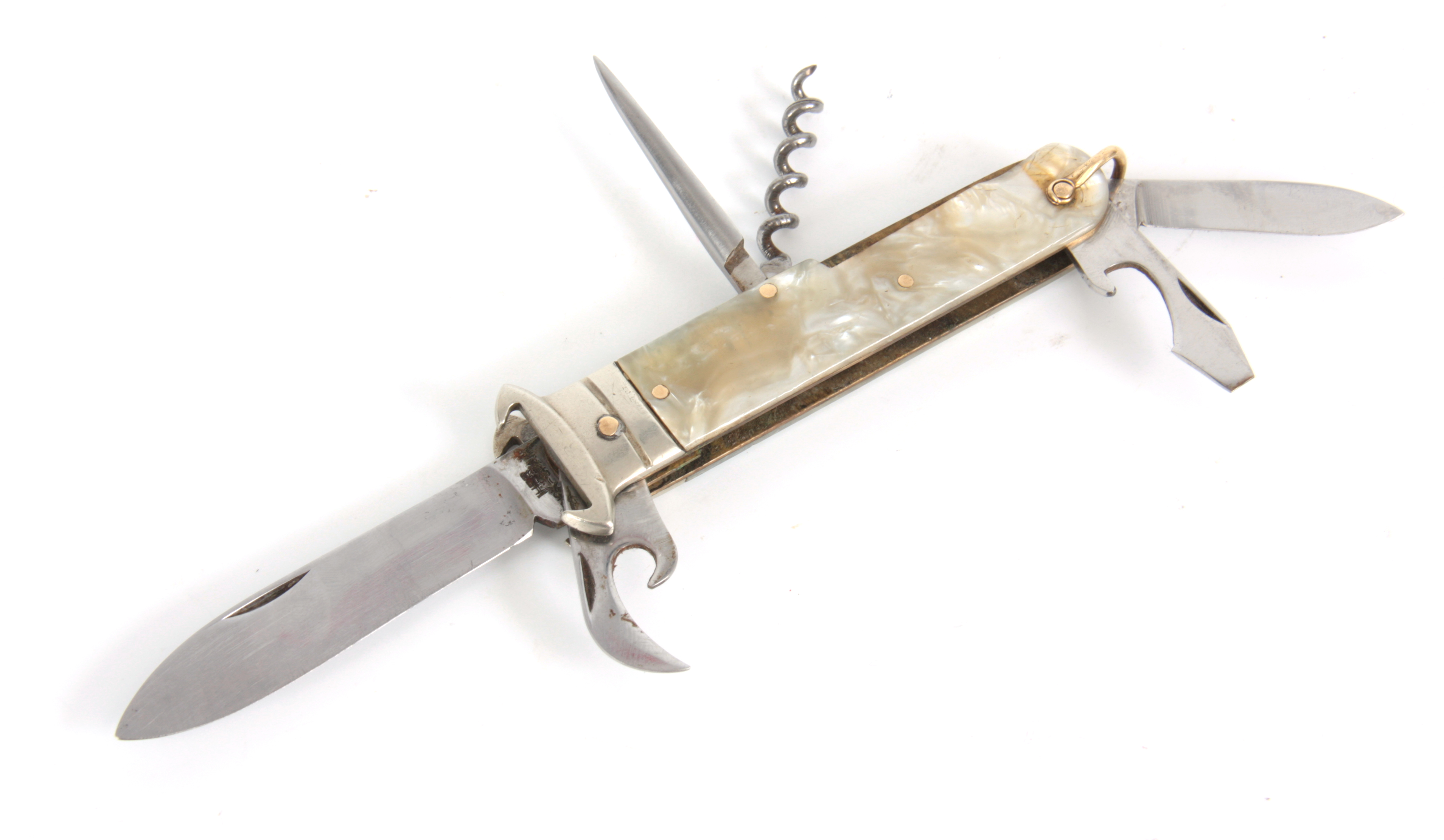 A VINTAGE SPANISH GENTLEMANS MULTI-FUNCTION HUNTING KNIFE with simulated mother of pearl handle