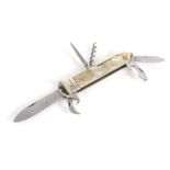 A VINTAGE SPANISH GENTLEMANS MULTI-FUNCTION HUNTING KNIFE with simulated mother of pearl handle