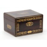 A 19th CENTURY ROSEWOOD AND BRASS INLAID JEWELLERY BOX SIGNED HALSTAFF & HANNAFORD having brass