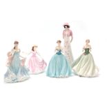 FIVE PORCELAIN FIGURES OF LADIES, one limited edition by Coalport "Dearest Rose" with certificate