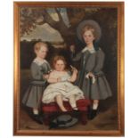 EDMOND GILL 1820 - 1894. AN AMERICAN PRIMITIVE SCHOOL FAMILY PORTRAIT OIL ON CANVAS of 3 children
