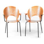 A PAIR OF FREDERICIA STOLEFABRIK, DENMARK LAMINATED AND BLACKED IRON OPEN ARMCHAIRS with fan pierced