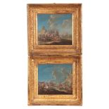 PHILIPS WOUWERMAN. A PAIR OF OILS ON CANVAS. Soldiers in a battle scene 18cm high, 20cm wide -