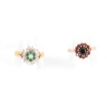 A 14CT GOLD EMERALD AND DIAMOND CLUSTER RING app. 5.6g; Together with A 9CT GOLD DARK AND LIGHT RUBY
