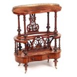 A VICTORIAN BURR WALNUT KIDNEY SHAPED INLAID CANTERBURY/ WORK BOX with brass gallery above carved