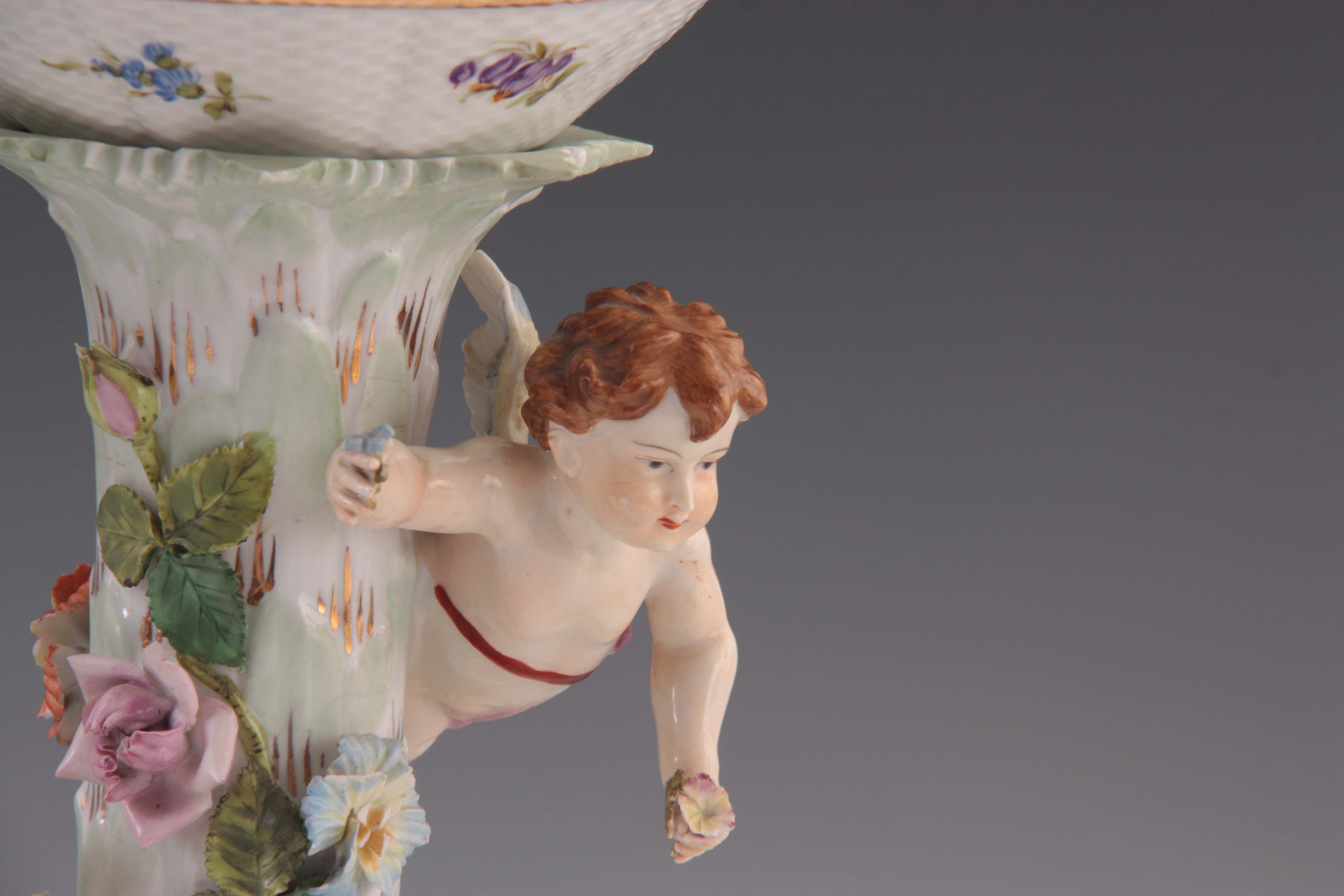 TWO 19TH CENTURY DRESDEN PORCELAIN COMPOTE CENTREPIECES with figural cherub bases and pierced basket - Image 4 of 9