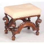 A LATE 17TH CENTURY WALNUT STOOL with square scroll shaped 'Horse Bone' cabriole leg supports joined