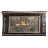 A 19TH CENTURY EBONISED AND ORMOLU MOUNTED OVERMANTEL MIRROR with bevelled mirror plate and fixed