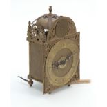 GEORGE CLARKE, LONDON. A GEORGE III MINIATURE LANTERN CLOCK the 5" brass arched dial with crescent