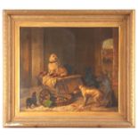 A 19th CENTURY OIL ON CANVAS. Group of dogs in a barn setting. 58cm high 67cm wide - indistinct