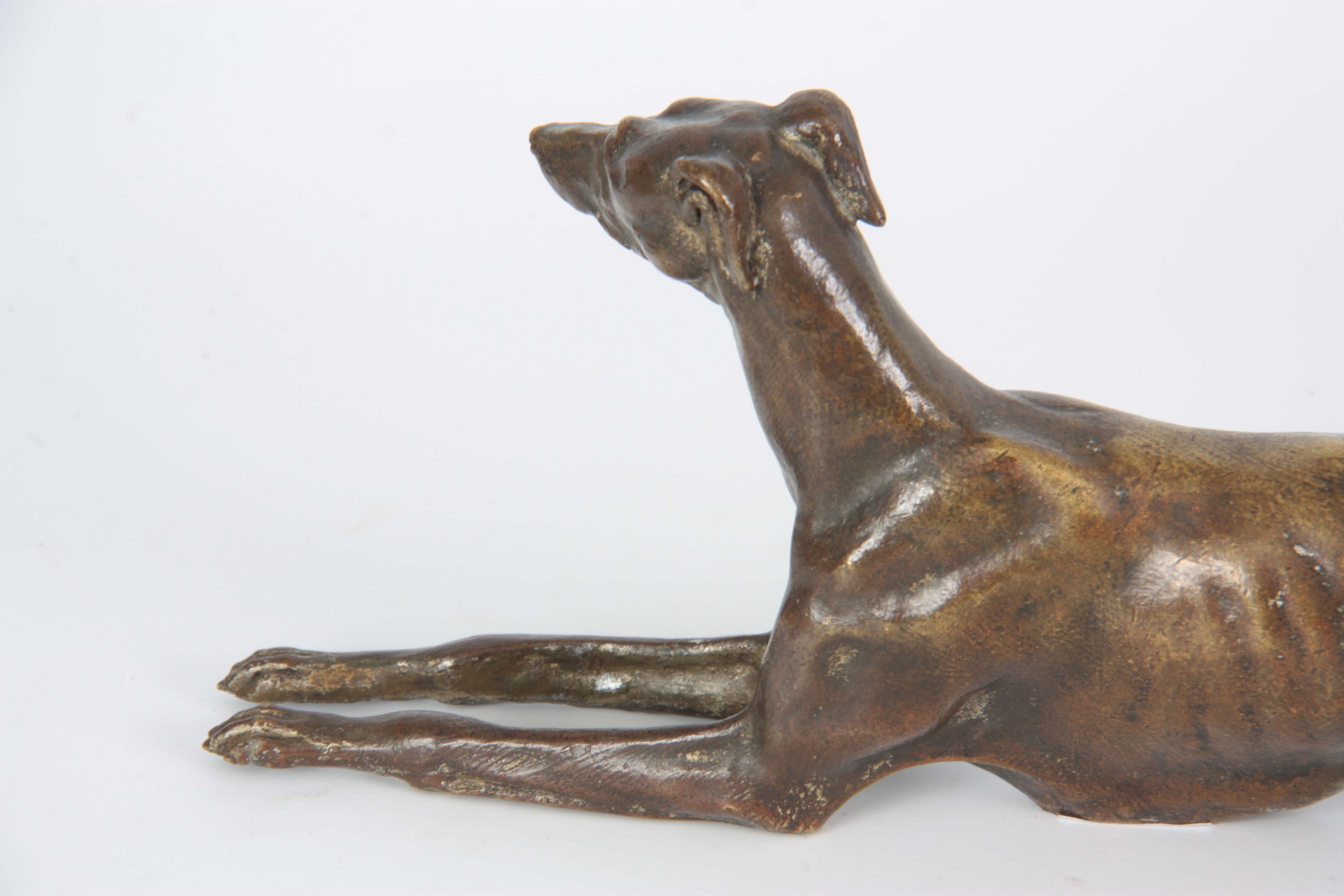 A LATE 19th CENTURY PATINATED BRONZE SCULPTURE modelled as a recumbent greyhound 26cm long - Image 5 of 6