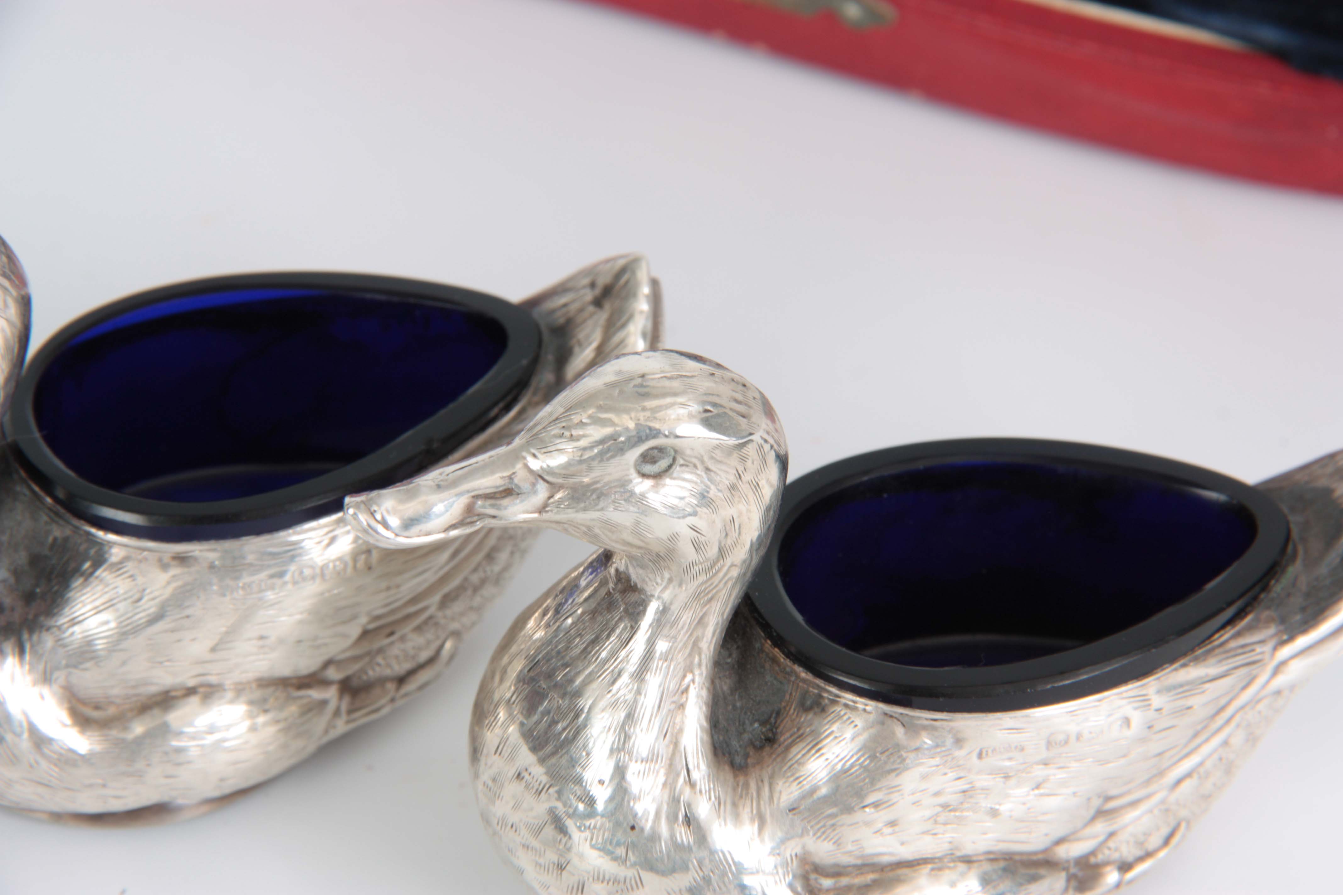 A CASED PAIR OF FIGURAL SILVER SALTS MODELLED AS DUCKS WITH SHOVEL SHAPED SALT SPOONS hallmarked for - Image 5 of 8