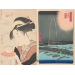Two late 19th Century JAPANESE WOODCUT COLOURED PRINTS one depicting a young lady carrying a cup,
