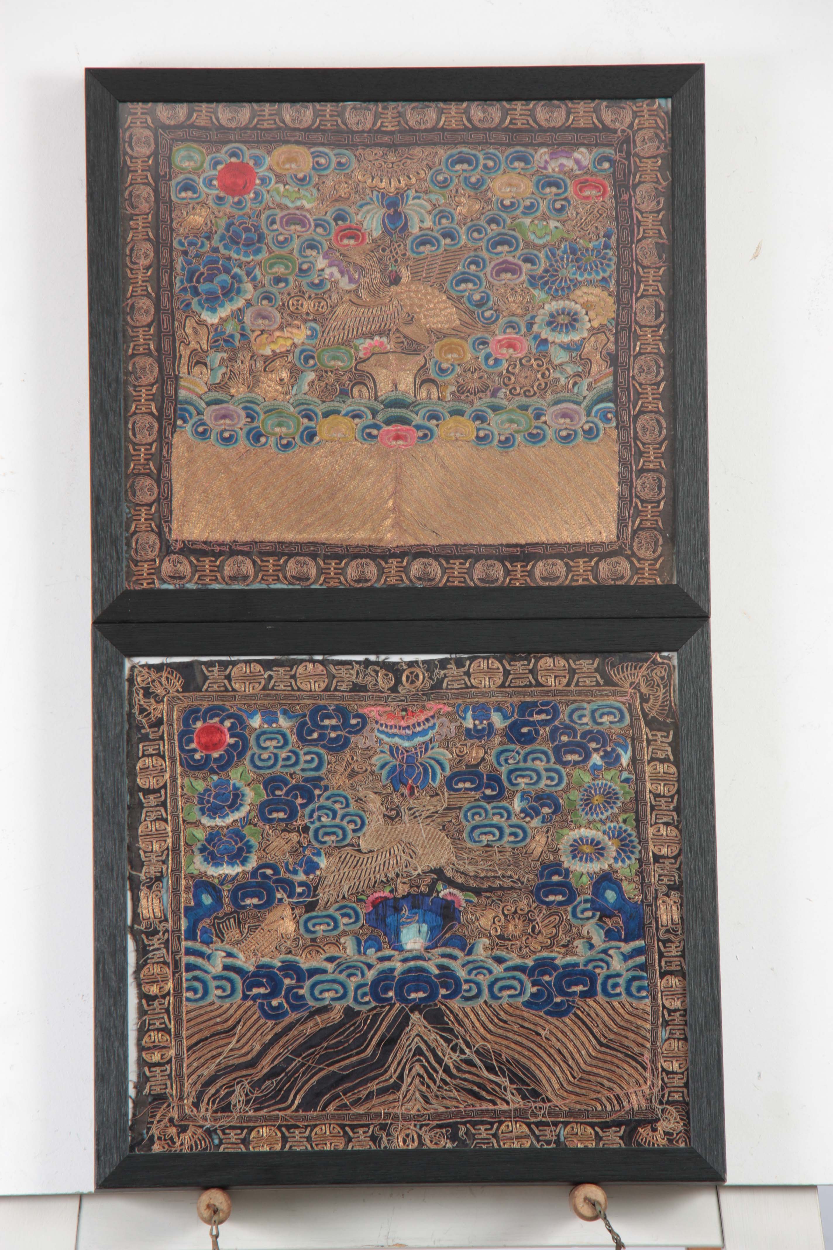 A PAIR OF LATE 19th CENTURY CHINESE SCHOLAR RANK BADGES having a fine gold thread depicting a Golden - Image 2 of 6