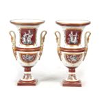 A PAIR OF 19TH CENTURY PARIS HARD PORCELAIN CAMPAGNE SHAPED VASES with gilded rust panels and