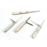 A SELECTION OF FOUR 19TH CENTURY PENKNIVES WITH MOTHER OF PEARL HANDLES three having silver blades.