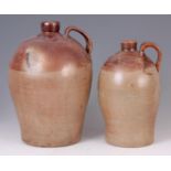 TWO 18TH CENTURY 2 GALLON AND 1 GALLON FULHAM SALT GLAZED STONEWARE ALE JUGS 36cm high and 31cm