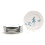 A SET OF 20th CENTURY CONTINENTAL PORCELAIN BLUE AND WHITE PLATES depicting Samari warriors - signed