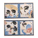 A PAIR OF JAPANESE DESIGN LIBERTY HAND PRINTED SILKS depicting female Geishas 43cm high 83cm