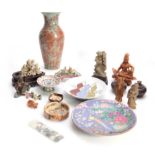 A COLLECTION OF CHINESE AND JAPANESE WARE including a CELEDON VASE with rouge floral and leaf work
